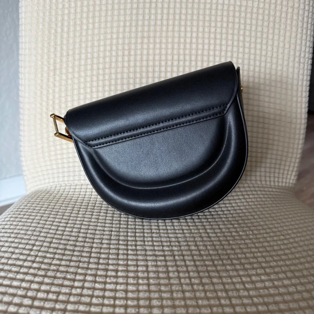 Charles & Keith‎ Koa Half-Moon Saddle Bag Purse Clutch black faux leather gold